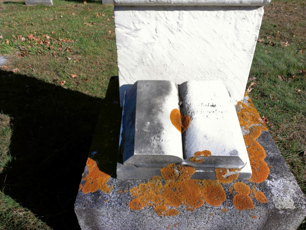 An old, white gravestone carved in the shape of an open book. Weather and time have rendered the writing on the book illegible, and an orange moss is growing around and on top of the book.