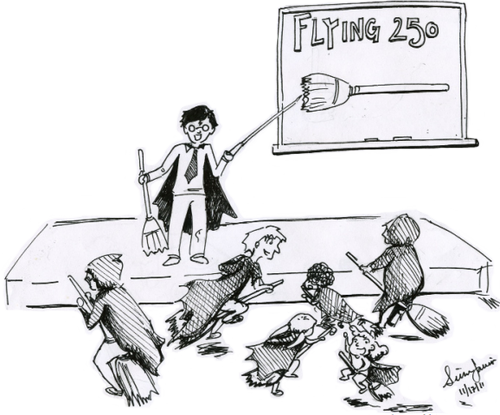 A black-and-white illustration of the wizard Harry Potter holding a broomstick and pointing at a whiteboard, upon which is drawn the words 'Flying 250' and a picture of a broomstick, while several young witches and wizards in hoods fly around on broomsticks in the foreground.
