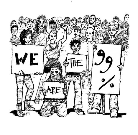 A black-and-white illustration of a diverse group of people coming together. Four are holding signs which, together, read: 'We are the 99%,' while a fifth person raises their first.