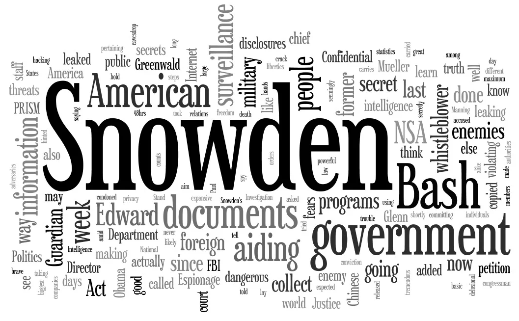 A word cloud featuring a number of words of different sizes (based on their frequency); the biggest words include 'Snowden,' 'Bash,' 'American,' 'government,' 'documents,' 'surveillance,' 'aiding,' 'information,' 'people,' 'whistleblower,' 'Guardian,' and 'military,' among many others.