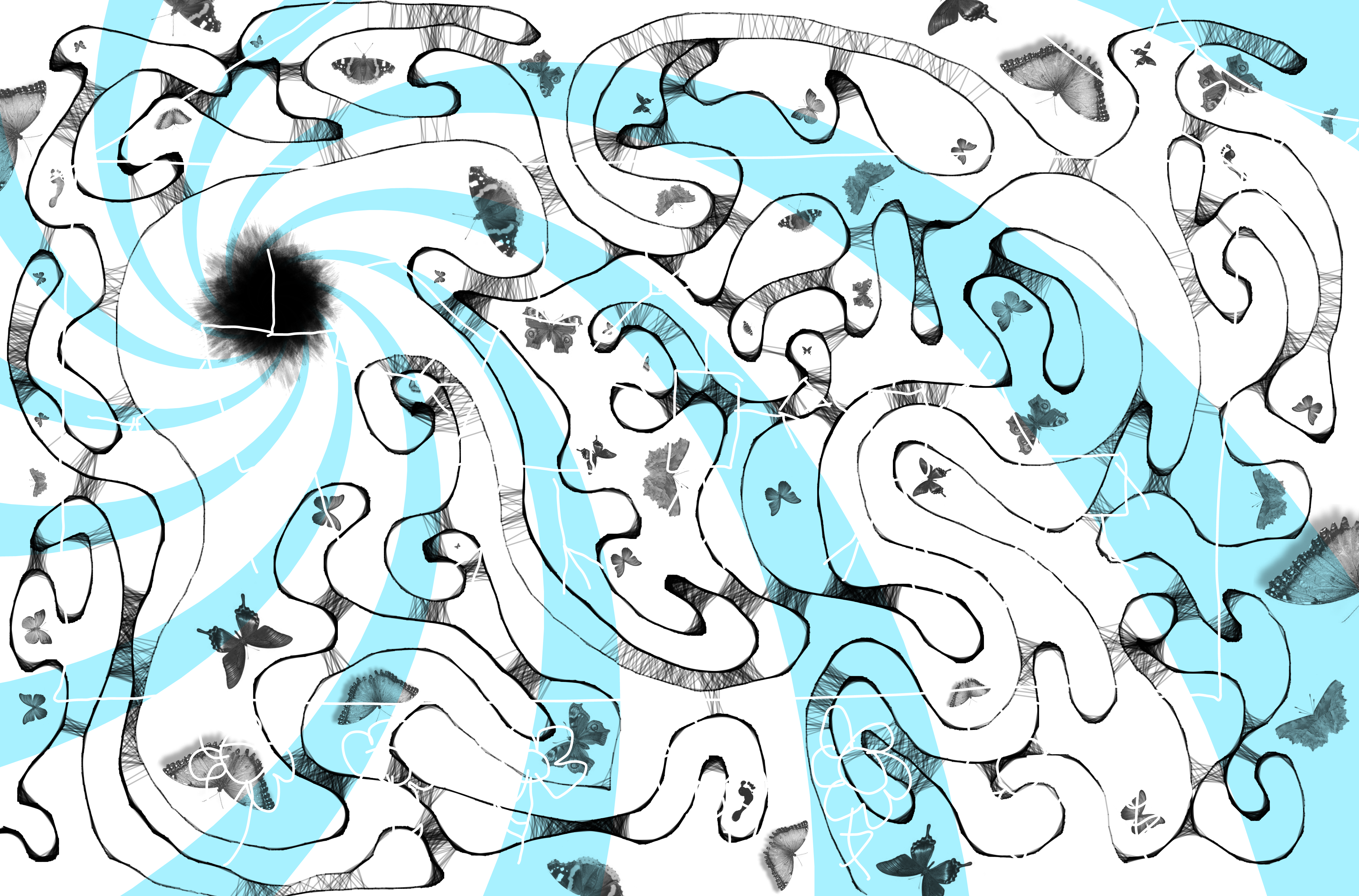 Digital artwork in black, white, and blue. The background is comprised of a whirl pattern underneath abstract black shapes and stamps of butterflies. Above them is a crude drawing, reminiscent of one made by a child, of white lines drawing a house, a sun, and flowers. Inside the house is a group of five stick figures: two larger figures, two smaller figures, and one quadruped figure. None of the figures have heads.