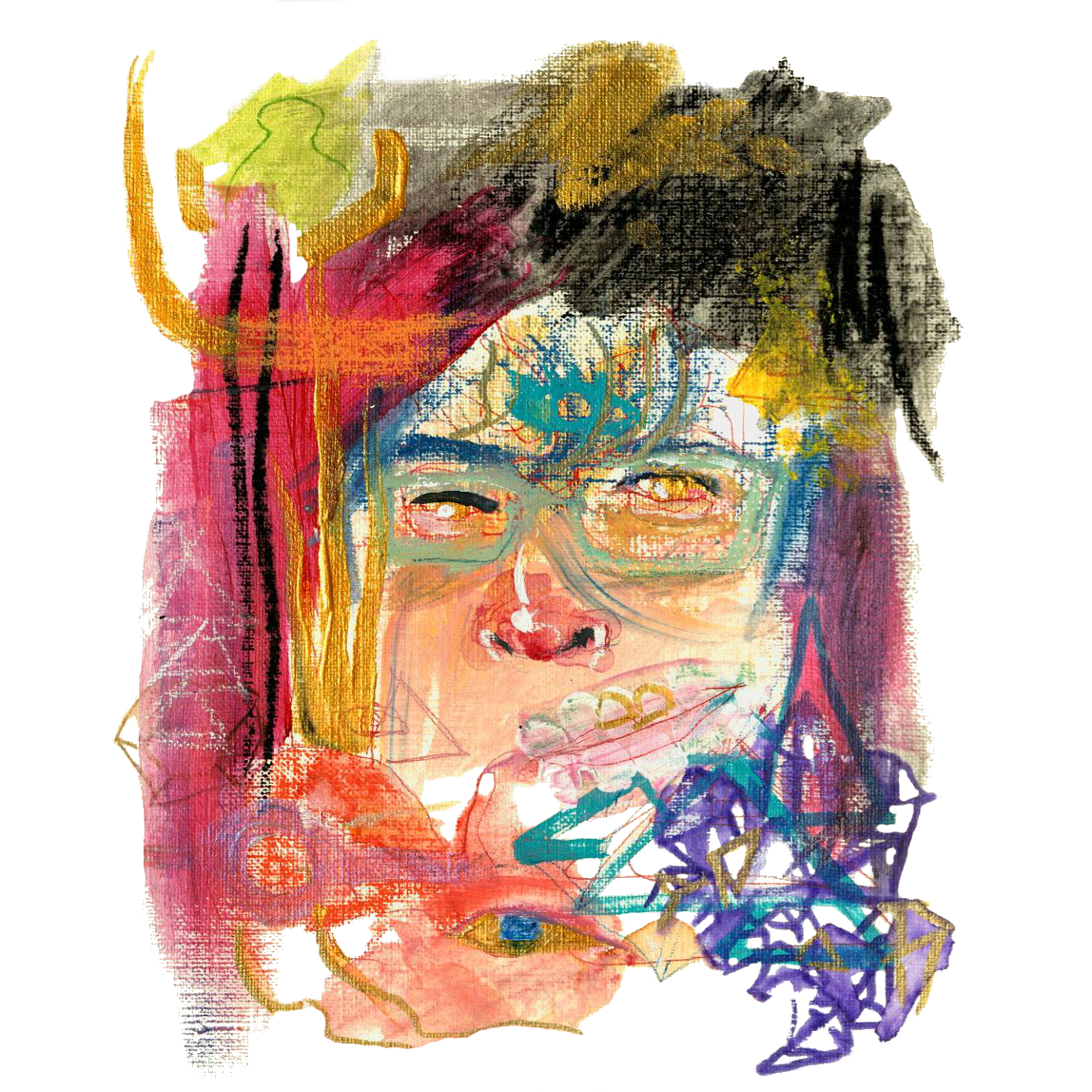 A colorful, surrealist painting depicting a pale face with glasses amidst a swirl of abstract colors and shapes.