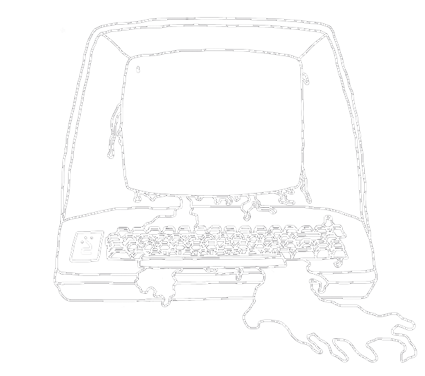 A sketch of an old-school computer terminal with an unknown fluid leaking out of it. The nonboolean media logo is etched onto the left side.