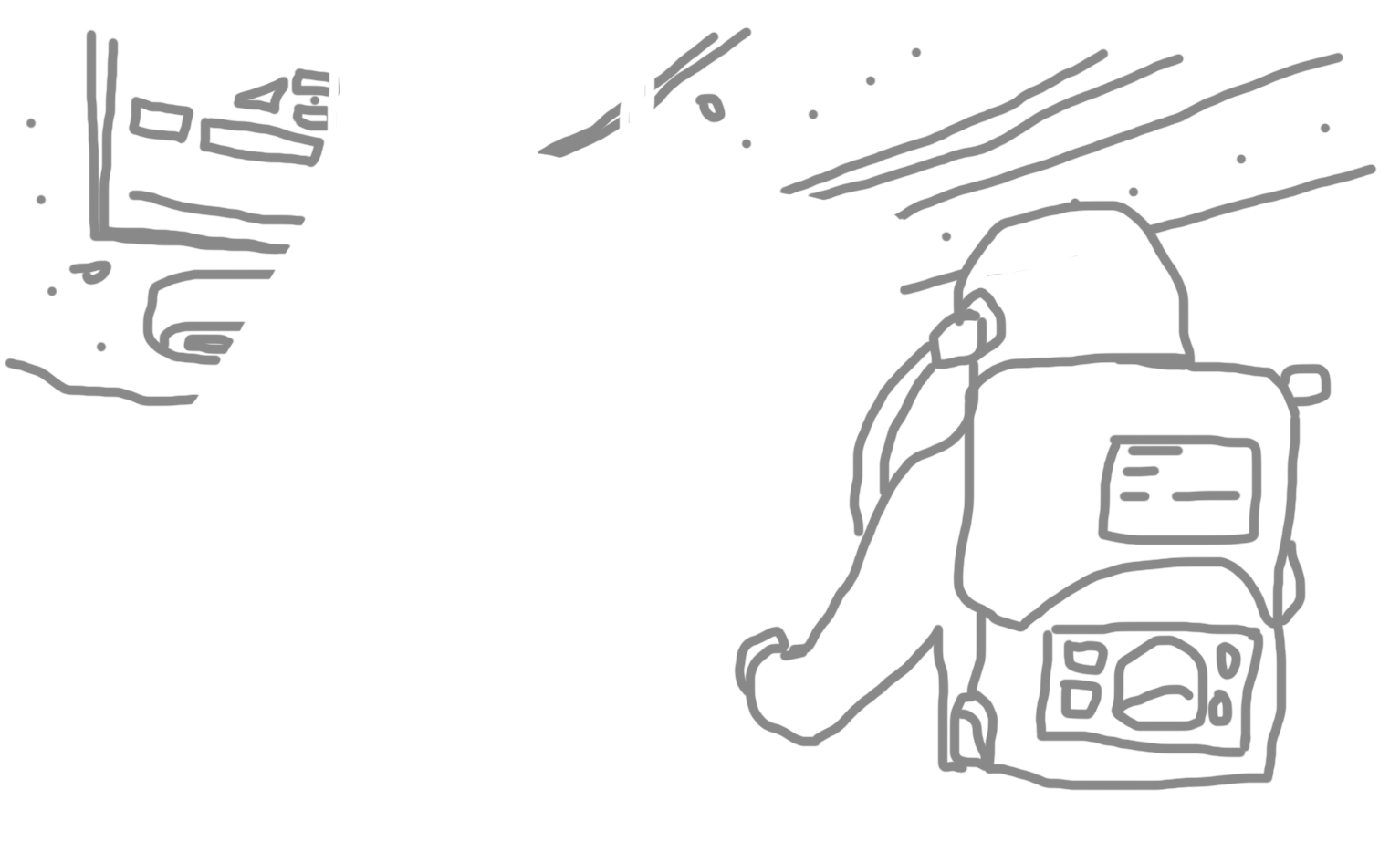 A sketch of a still from the film Dark Star (1974) depicting a large rectangular supercomputer jutting out from underneath the titual spaceship. It is talking to a suited-up astronaut in the foreground. On the bottom of the computer is a label that reads 'CAUTION - NEURAL NET'.